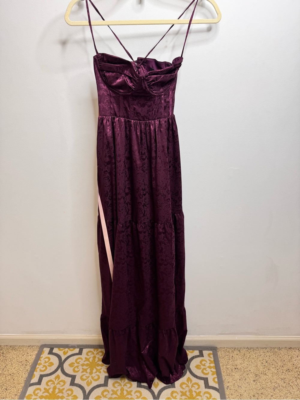 Vasilia Plum Purple Satin Jacquard Tiered Corset Maxi Dress - Picture 3 of 9